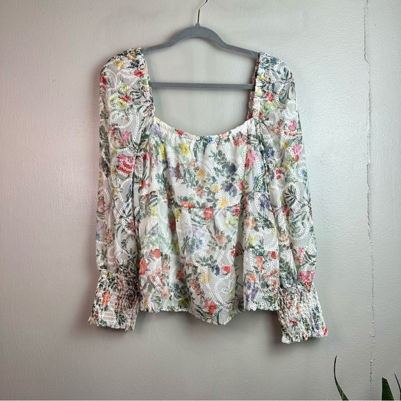 Alice & Olivia Rowa Floral Embroidered Tiered Puff-Sleeve Top Sz LG - Picture 4 of 9